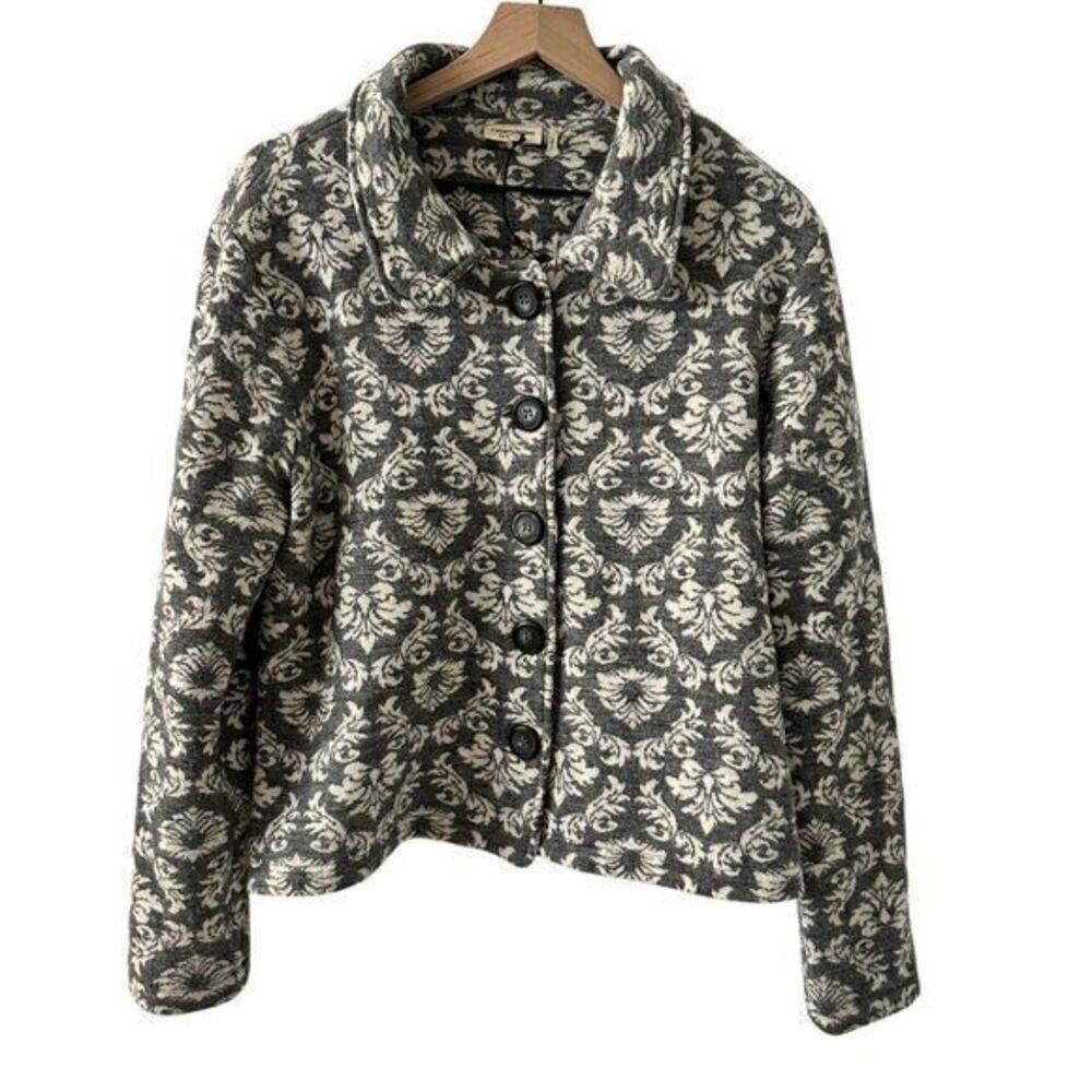 Country Fashion by Venario Grey White Floral Button Up Wool‎ Jacket Cardigan L
